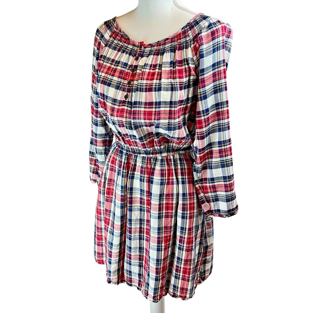 FOREVER 21 Red White Blue Plaid Cotton Dress Sz L Long Sleeve Coastal Preppy USA - Picture 4 of 11